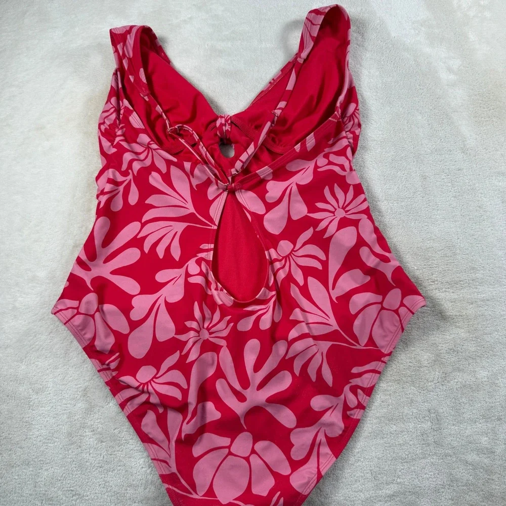 Pink and Red Tropical Floral Tie Front One Piece Swimsuit Women Large